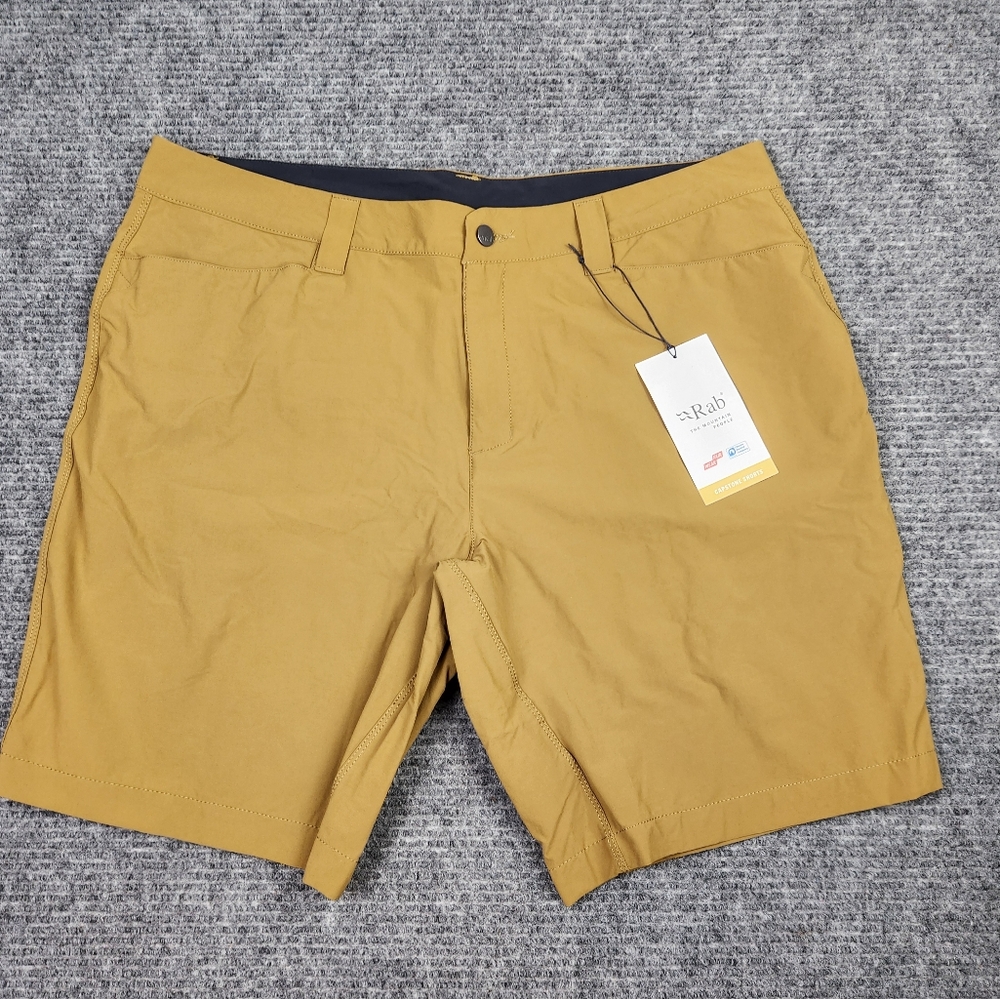 Rab Capstone Shorts Cumin Gold  Softshell Athletic Hiking Sz 38 9" Inseam NWT